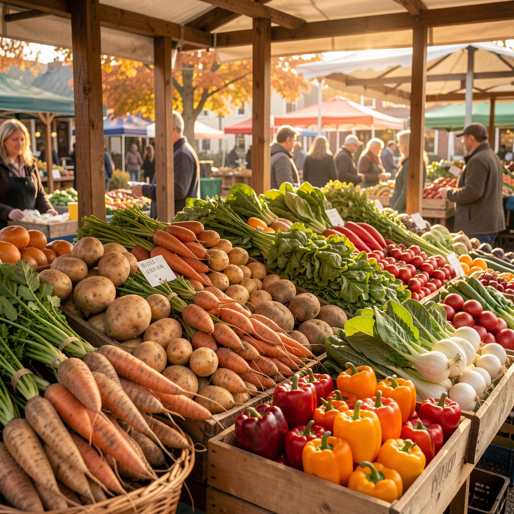 Colourful farmers market stall overflowing with seasonal root vegetables, leafy greens, and vibrant peppers in warm autumn light