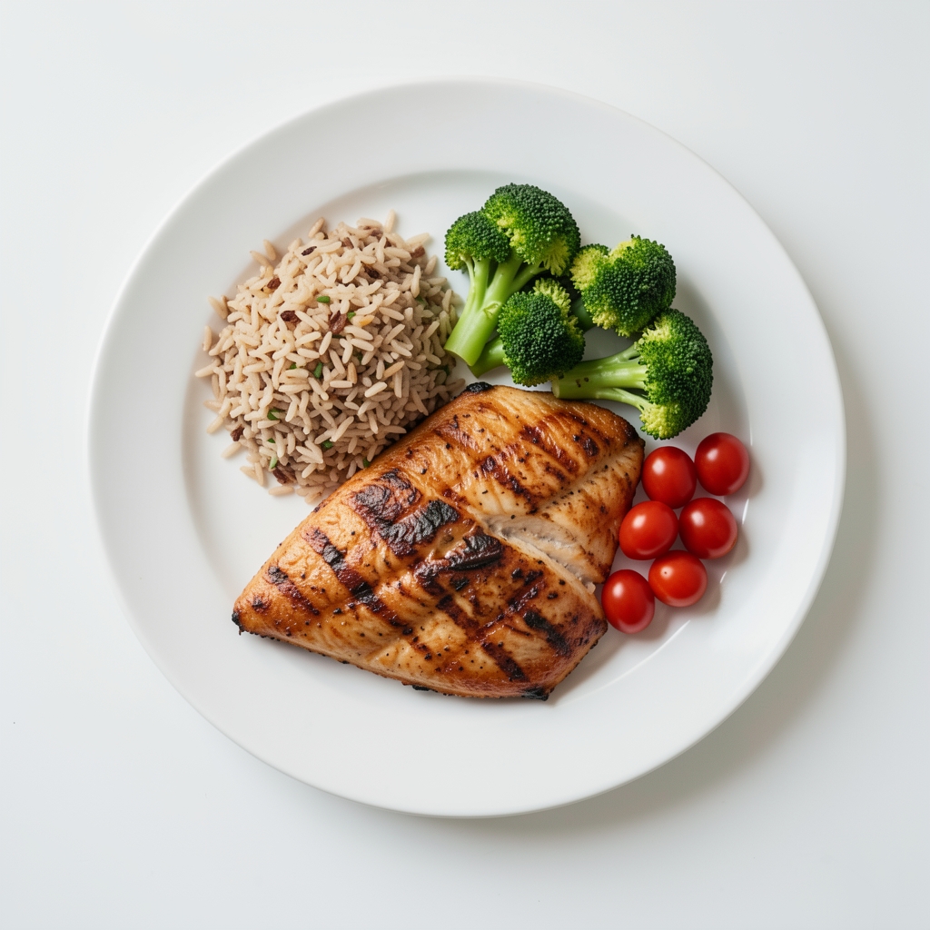 A balanced meal plate with grilled fish, steamed broccoli, brown rice and cherry tomatoes, photographed from above on a white table